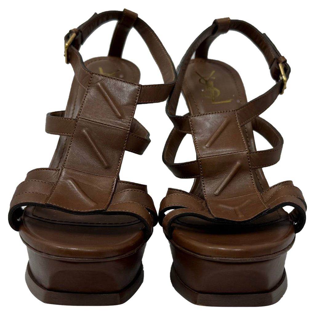 Saint Laurent Tribute Platform Sandals in Brown Leather