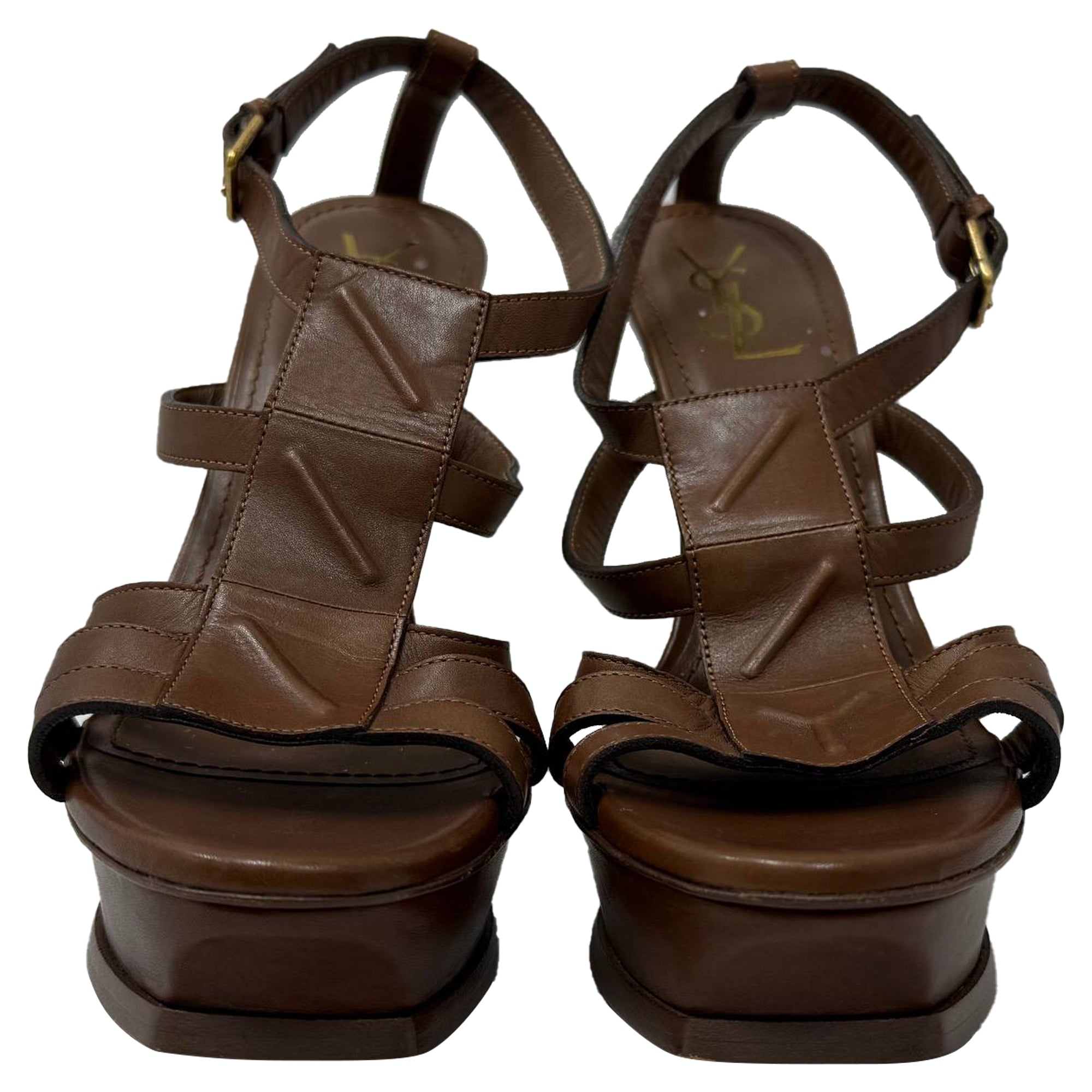 Saint Laurent Tribute Platform Sandals in Brown Leather