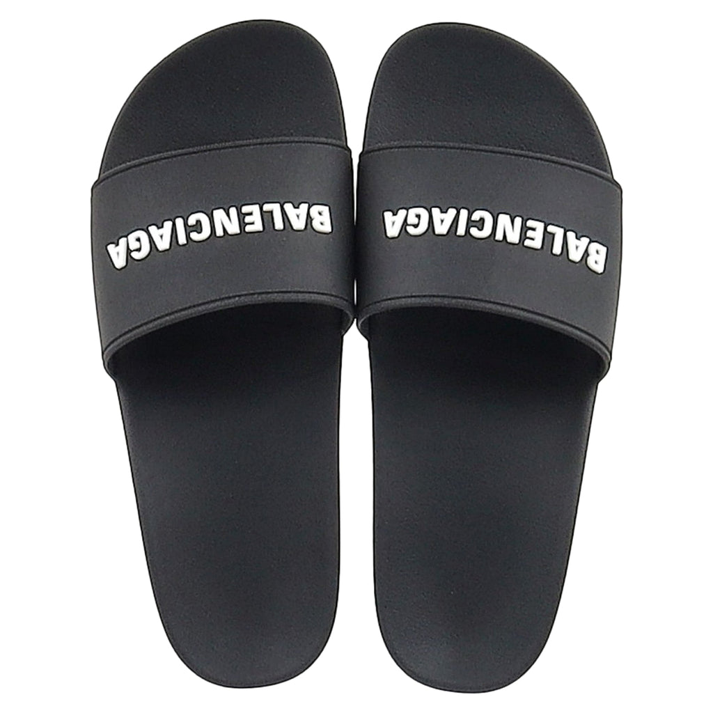 Women's Balenciaga Logo Pool Clog Slides in Black Rubber