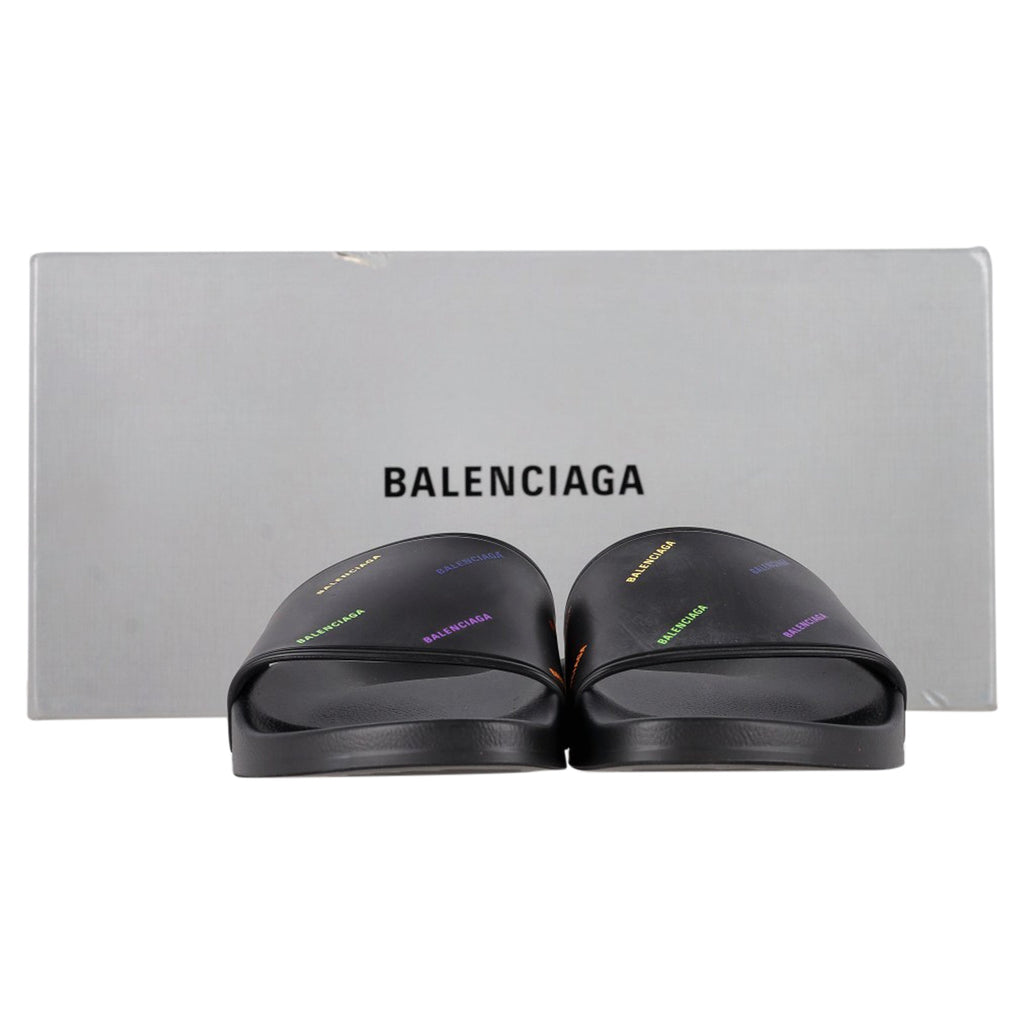 Women's Balenciaga Logo Pool Slides in Black Rubber