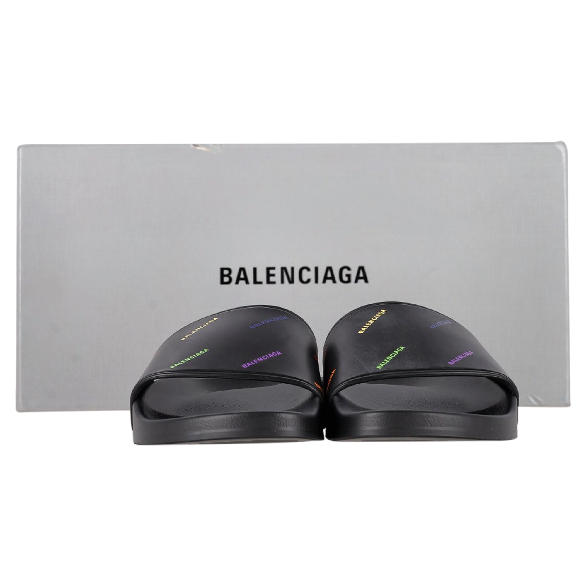 Women's Balenciaga Logo Pool Slides in Black Rubber