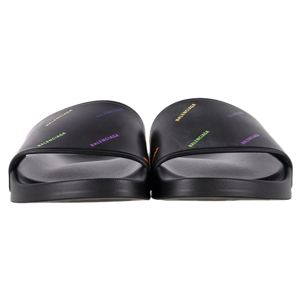Women's Balenciaga Logo Pool Slides in Black Rubber