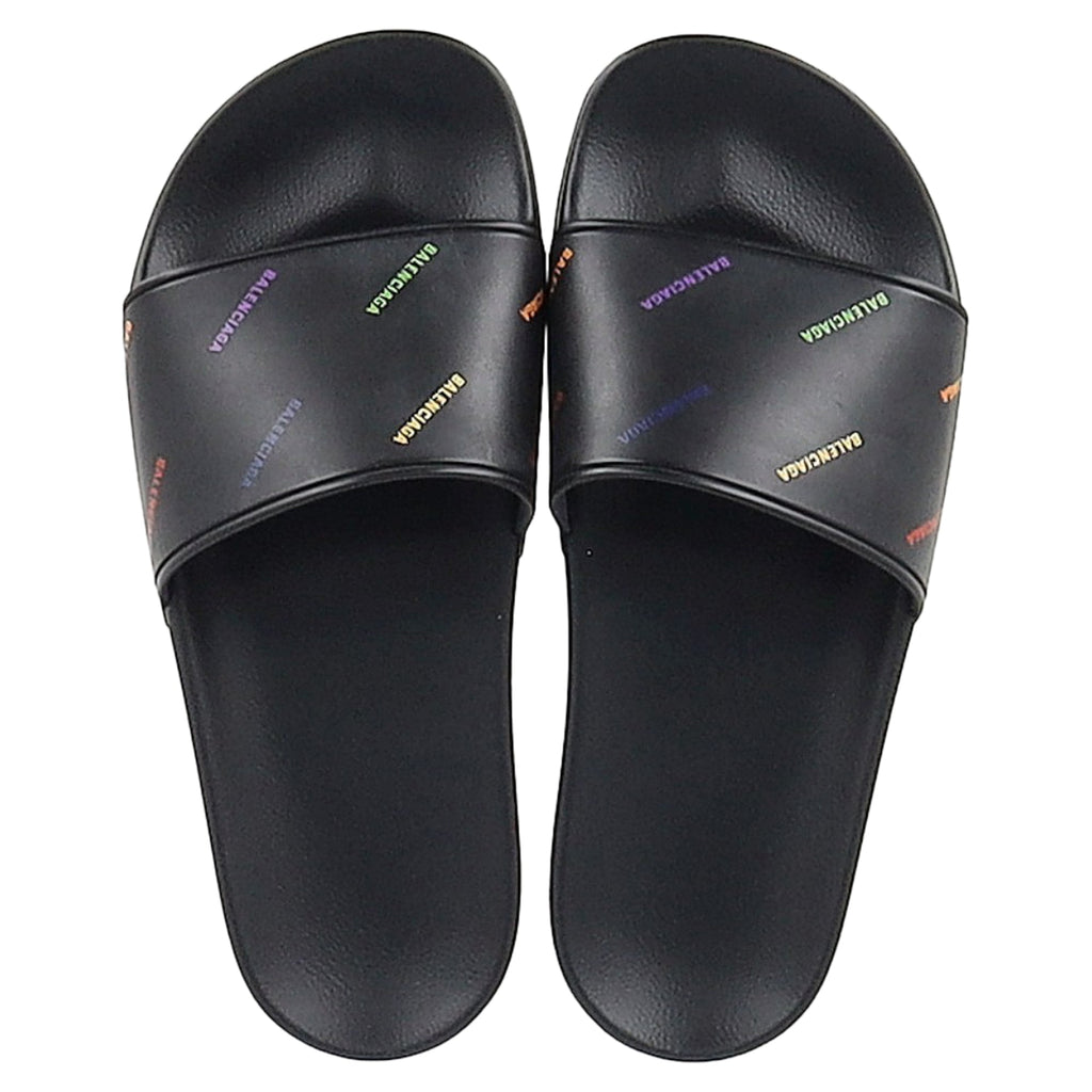 Women's Balenciaga Logo Pool Slides in Black Rubber