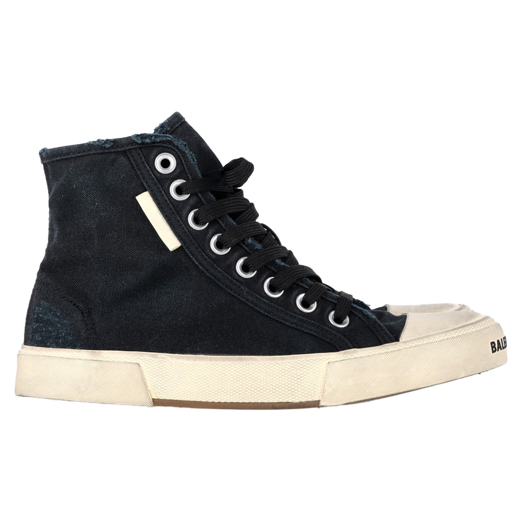 Balenciaga Distressed Paris High Top Sneakers in Black Canvas