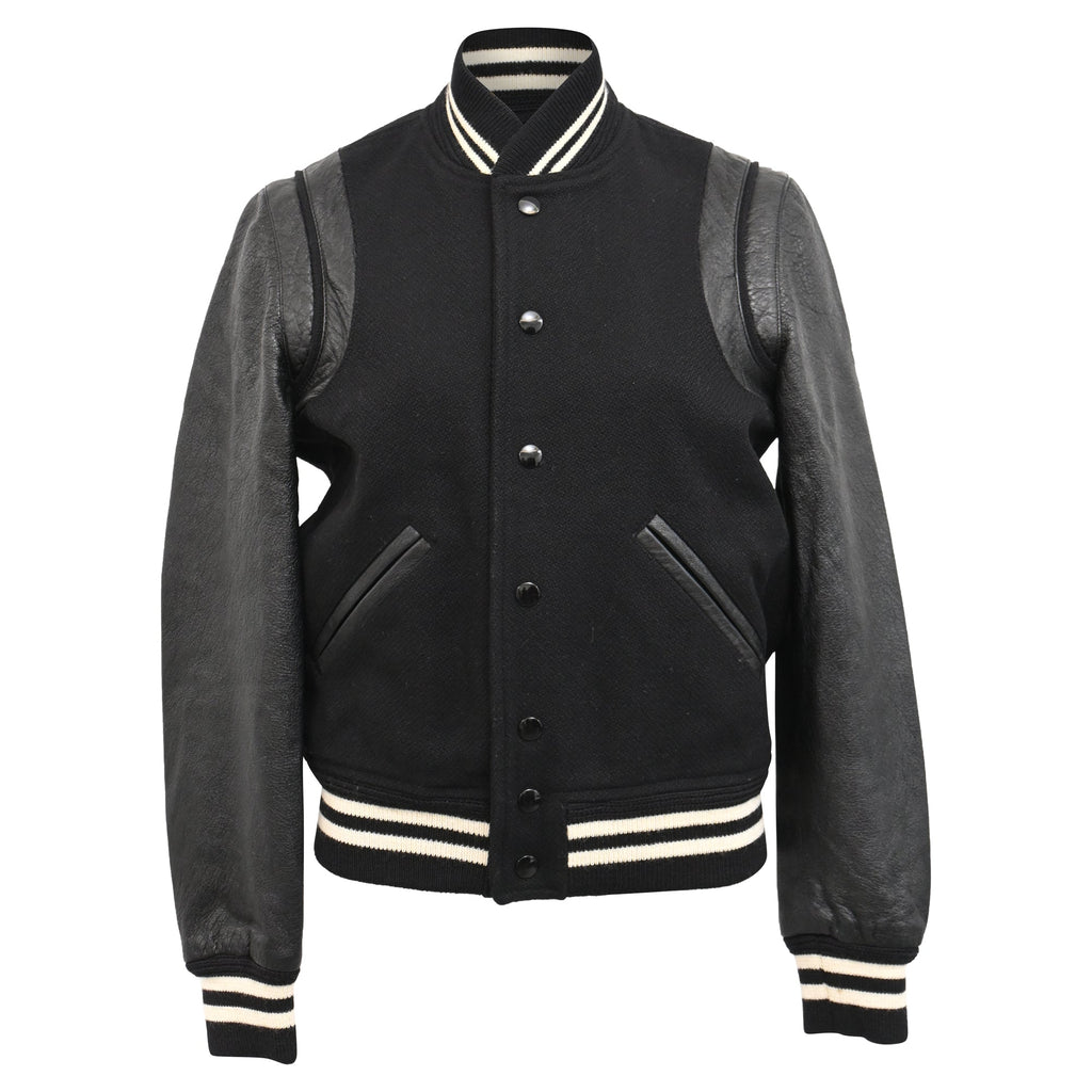 Saint Laurent Striped Bomber Jacket in Black Wool and Leather