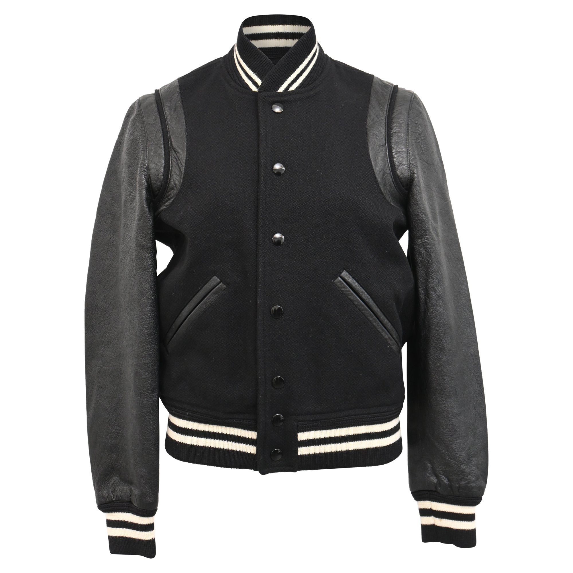 Saint Laurent Striped Bomber Jacket in Black Wool and Leather