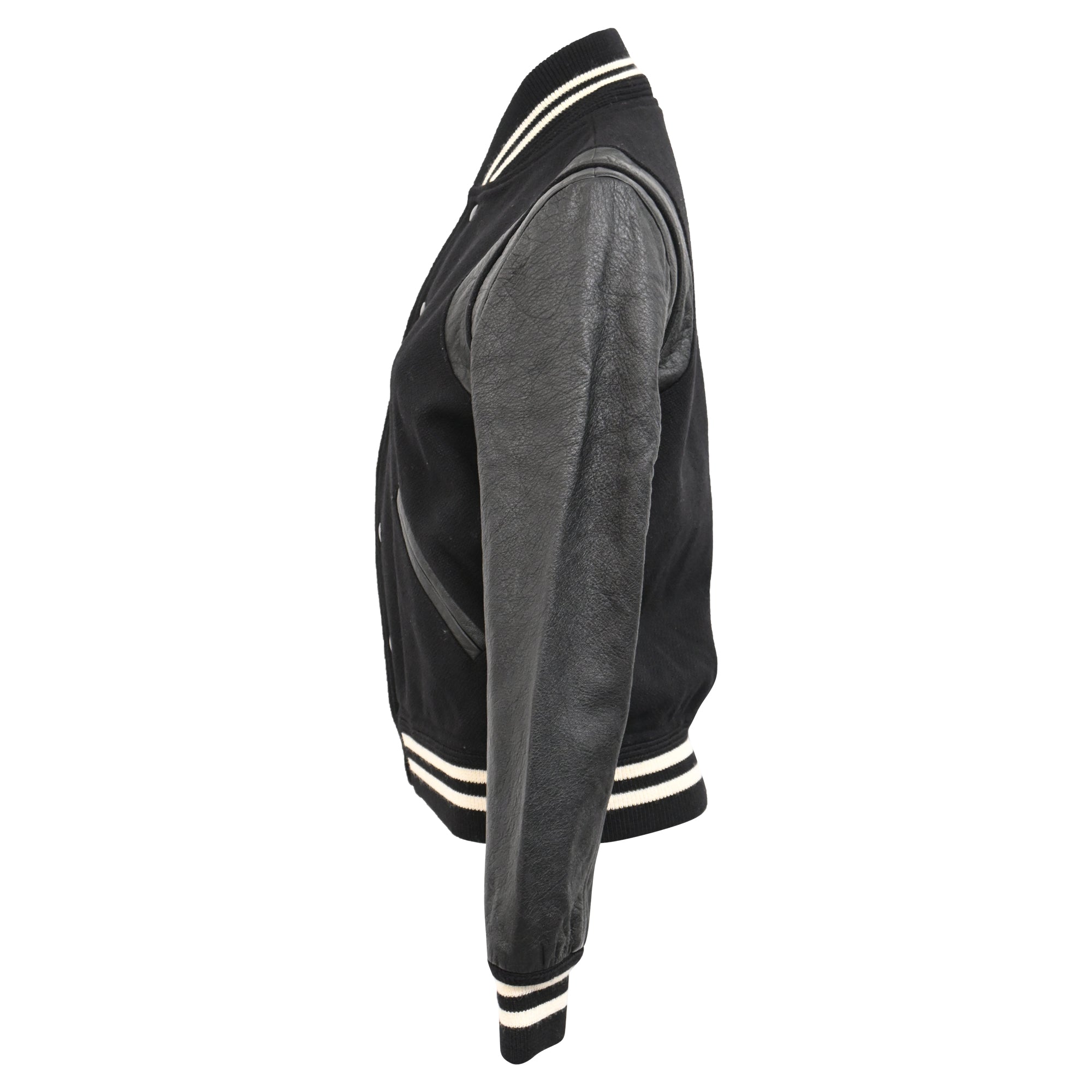 Saint Laurent Striped Bomber Jacket in Black Wool and Leather