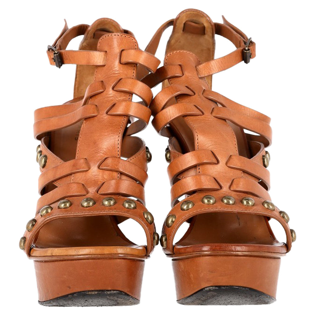 Saint Laurent Studded Gladiator Platform Sandal Heels in Brown Leather