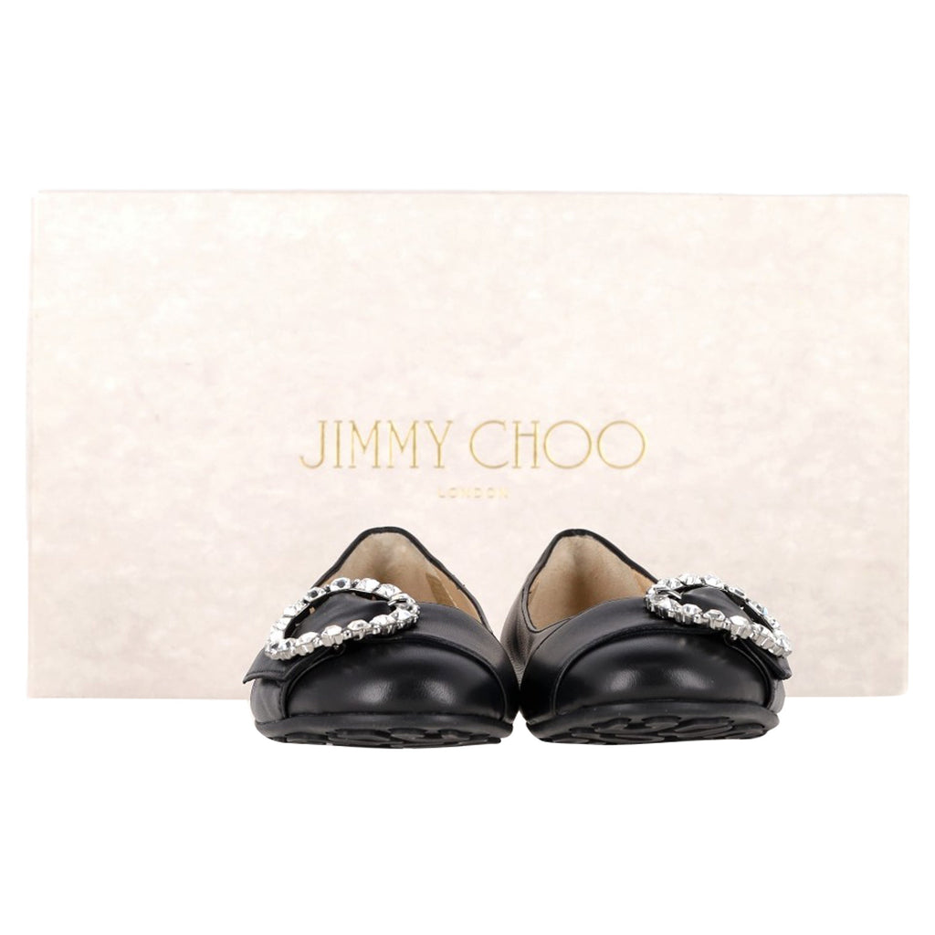 Jimmy Choo Ginny Flats with Crystal Buckle in Black Nappa Leather