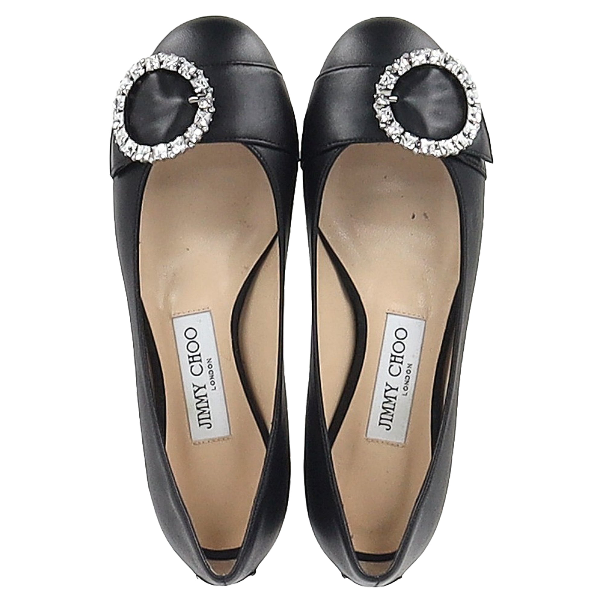 Jimmy Choo Ginny Flats with Crystal Buckle in Black Nappa Leather