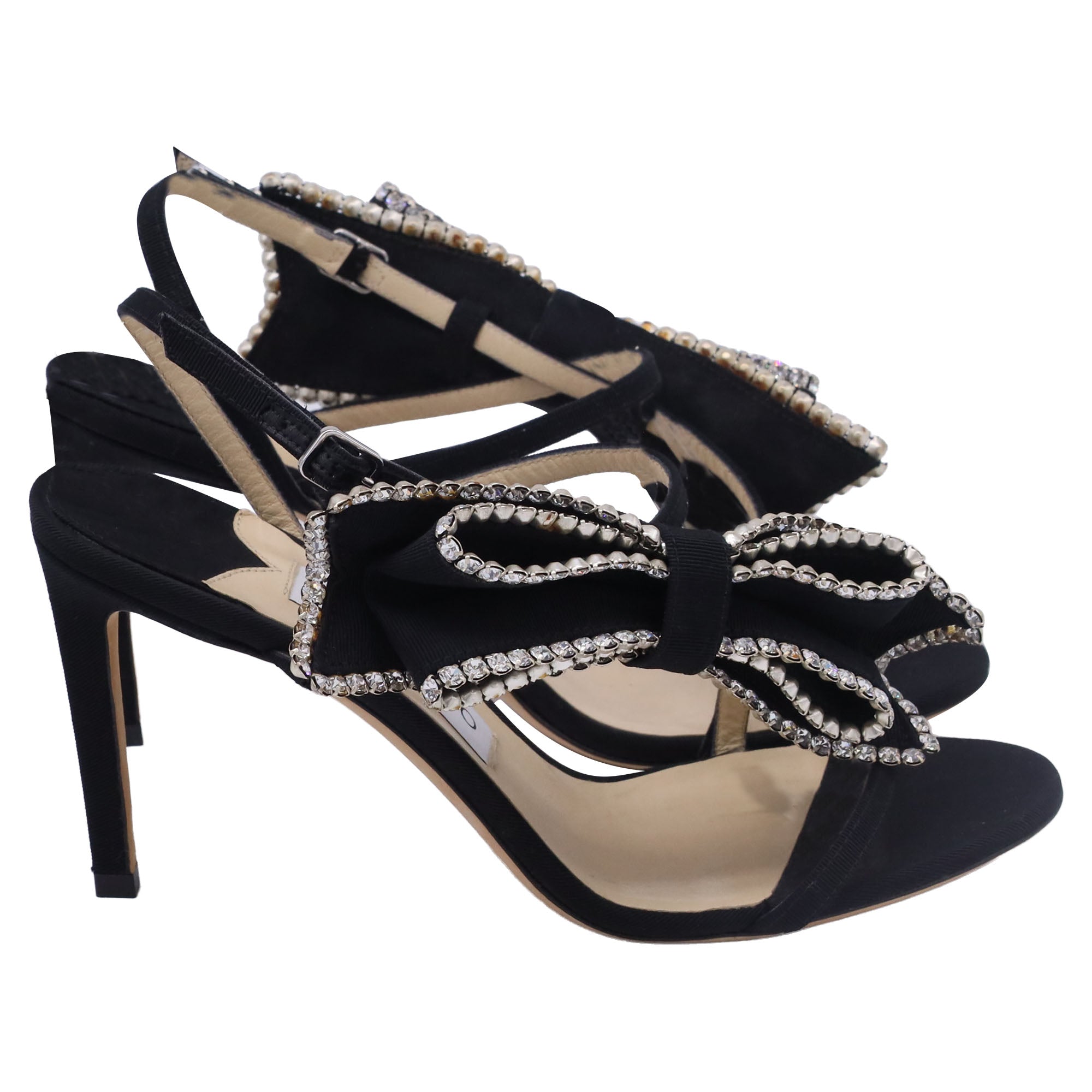Women's Jimmy Choo Sarara 85 Embellished Bow Sandal Heels in Black Suede