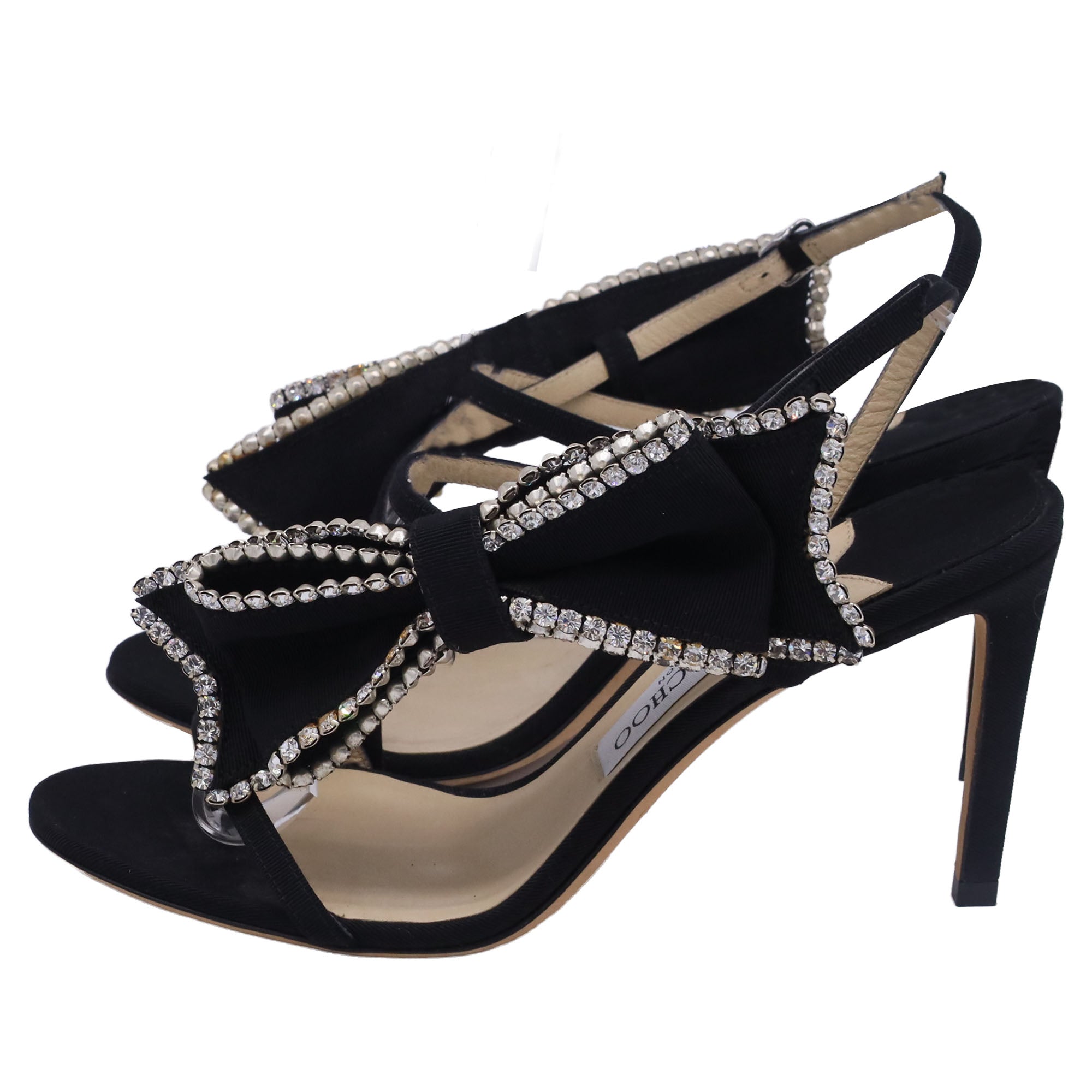 Women's Jimmy Choo Sarara 85 Embellished Bow Sandal Heels in Black Suede