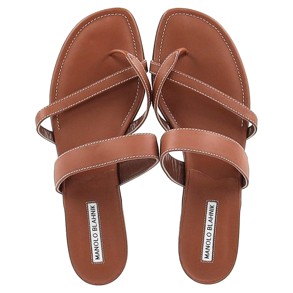 Manolo Blahnik Susacru Crossover Slide Flat Sandals in Brown Calf Leather
