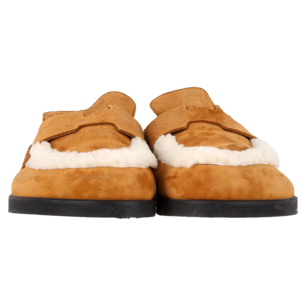 Hermès Go Shear-Lined Mules in Brown Goat Suede