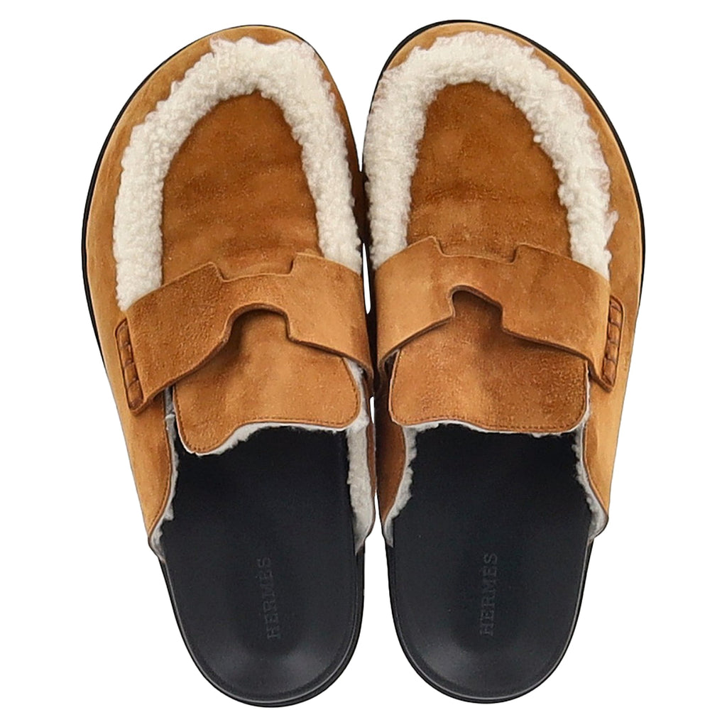 Hermès Go Shear-Lined Mules in Brown Goat Suede