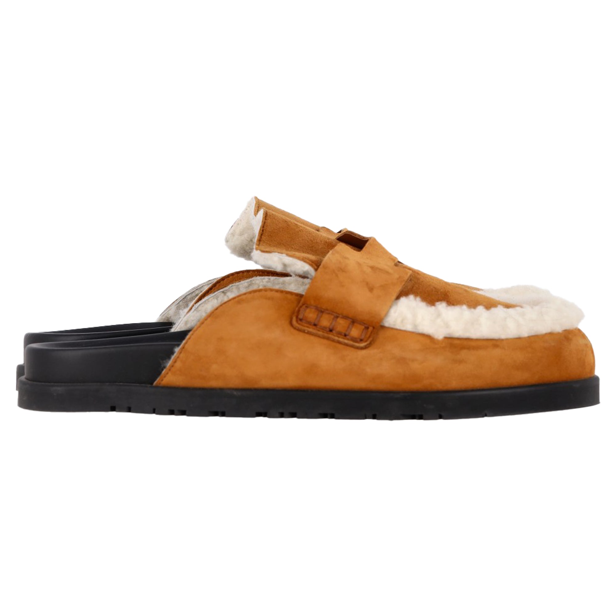 Hermès Go Shear-Lined Mules in Brown Goat Suede