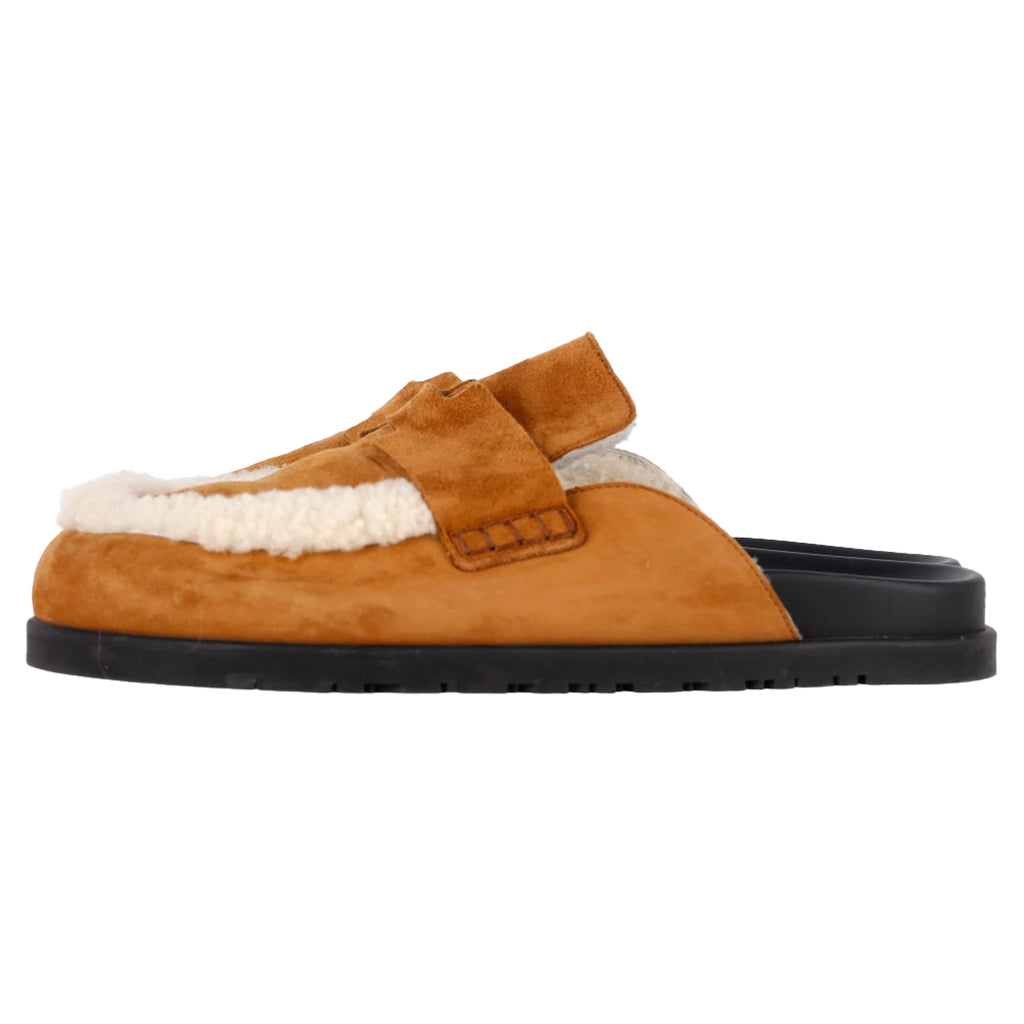 Hermès Go Shear-Lined Mules in Brown Goat Suede