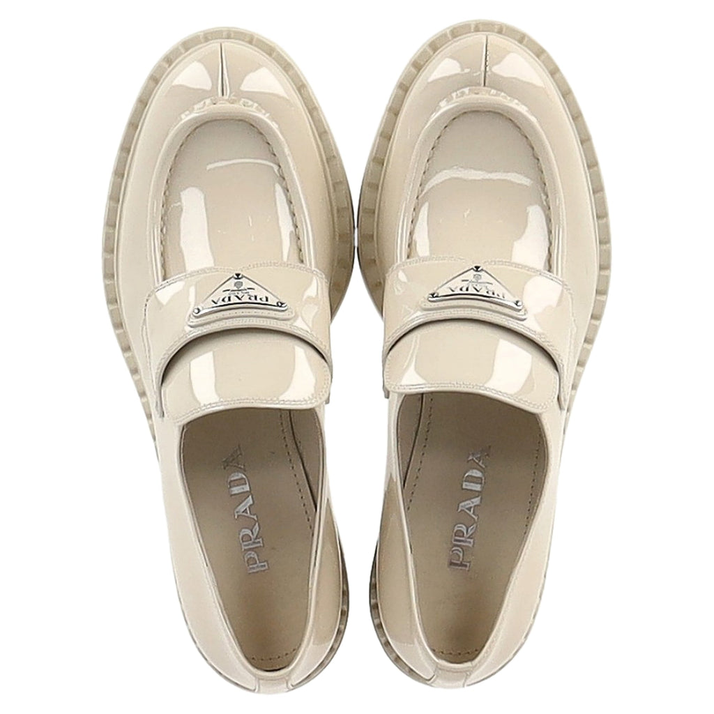 Prada Logo-Plaque Chunky Loafers in Cream Patent Leather