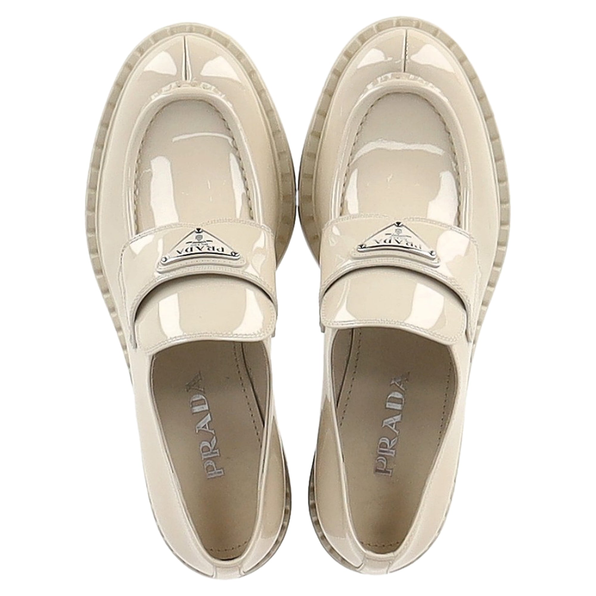 Prada Logo-Plaque Chunky Loafers in Cream Patent Leather
