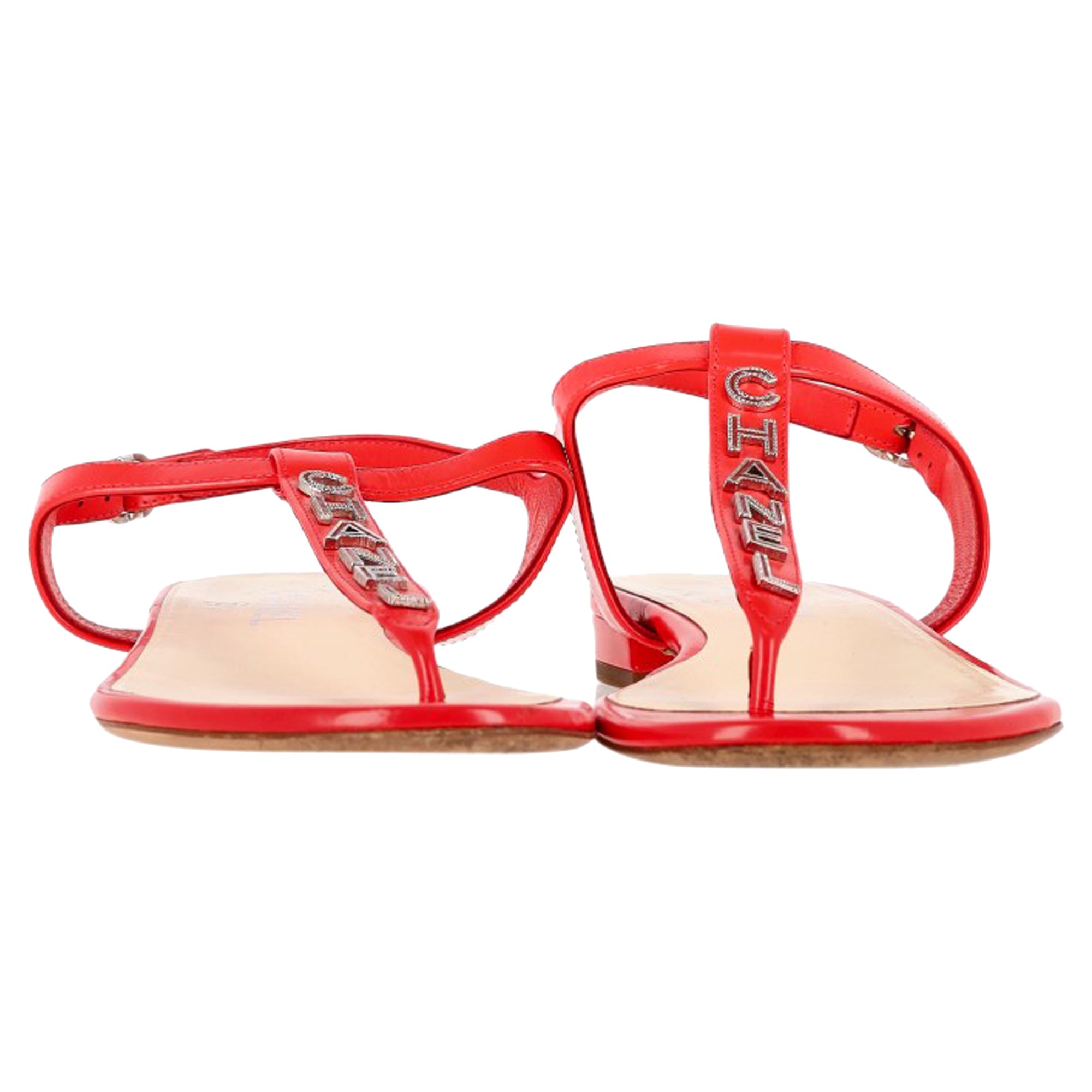 Chanel Logo T-Strap Sandals in Red Calfskin Leather