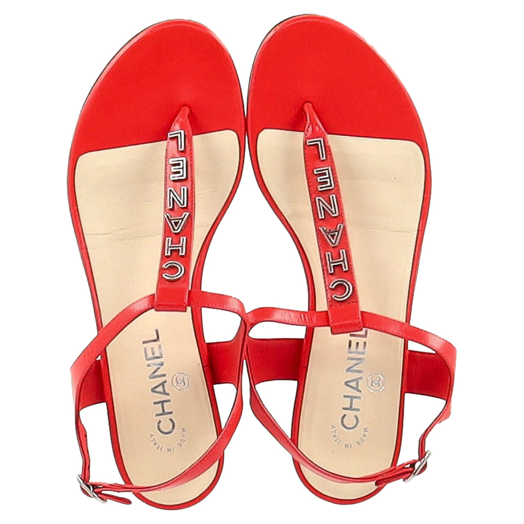 Chanel Logo T-Strap Sandals in Red Calfskin Leather