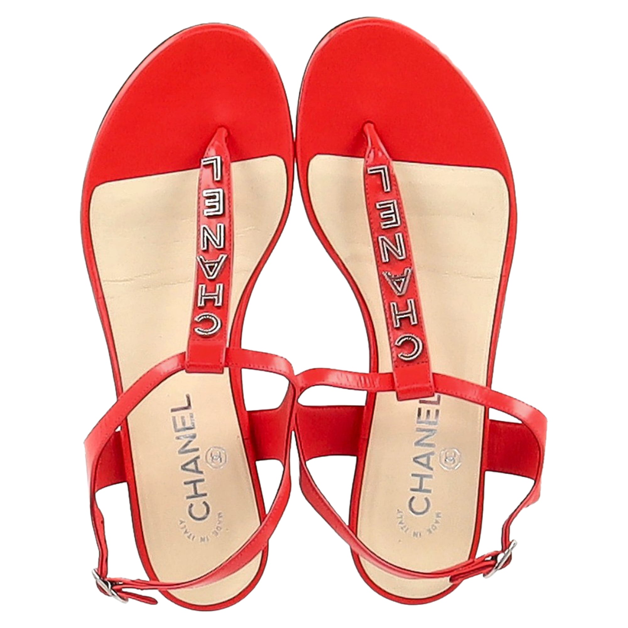 Chanel Logo T-Strap Sandals in Red Calfskin Leather