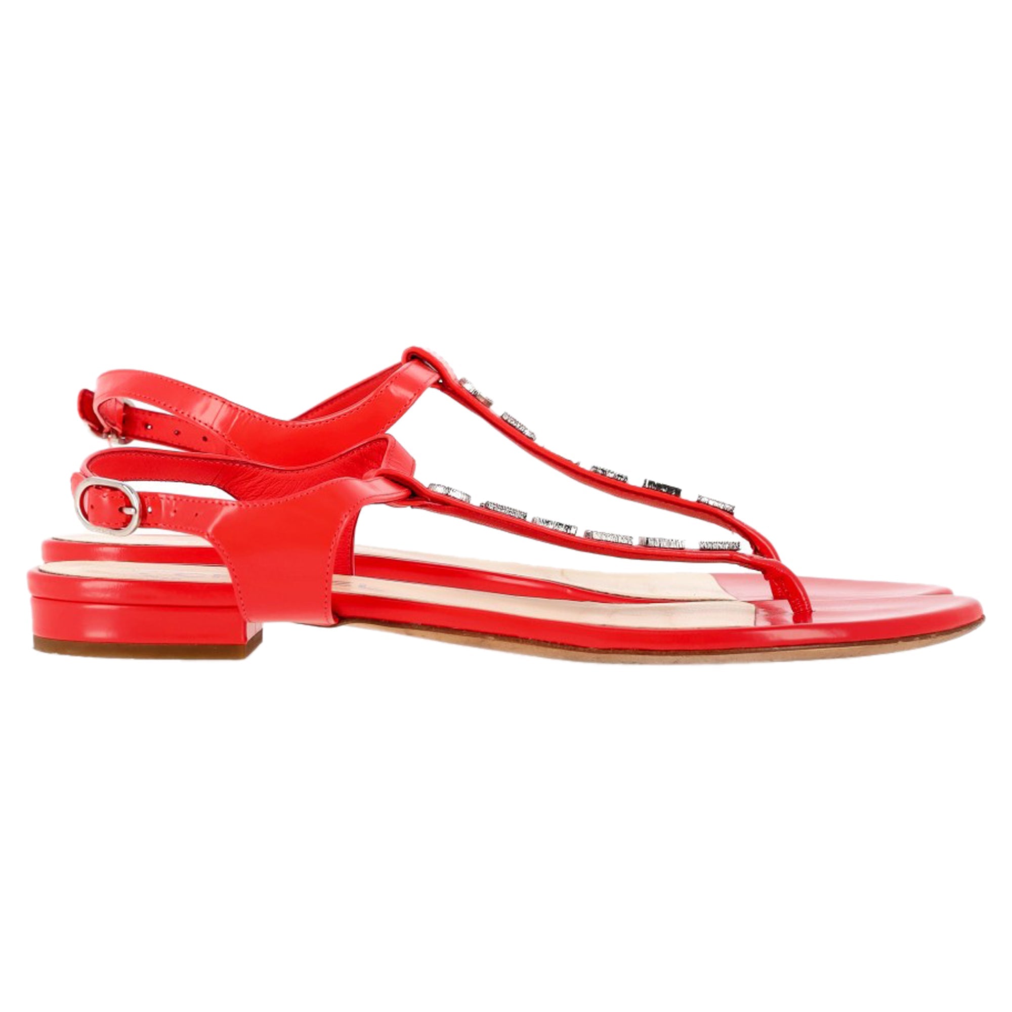 Chanel Logo T-Strap Sandals in Red Calfskin Leather
