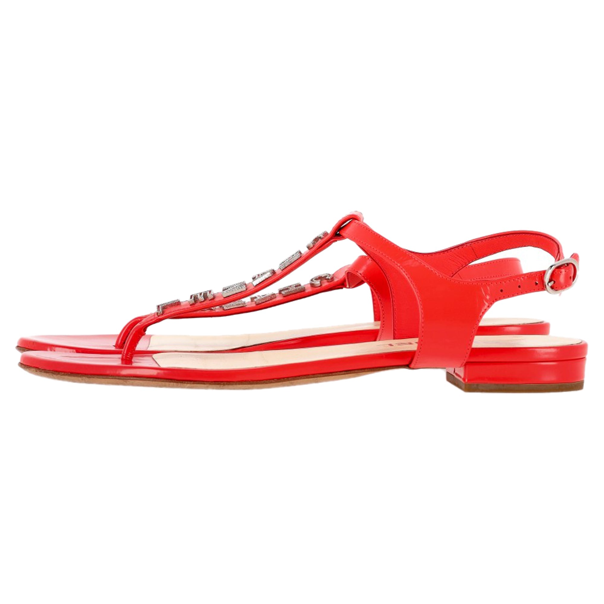 Chanel Logo T-Strap Sandals in Red Calfskin Leather