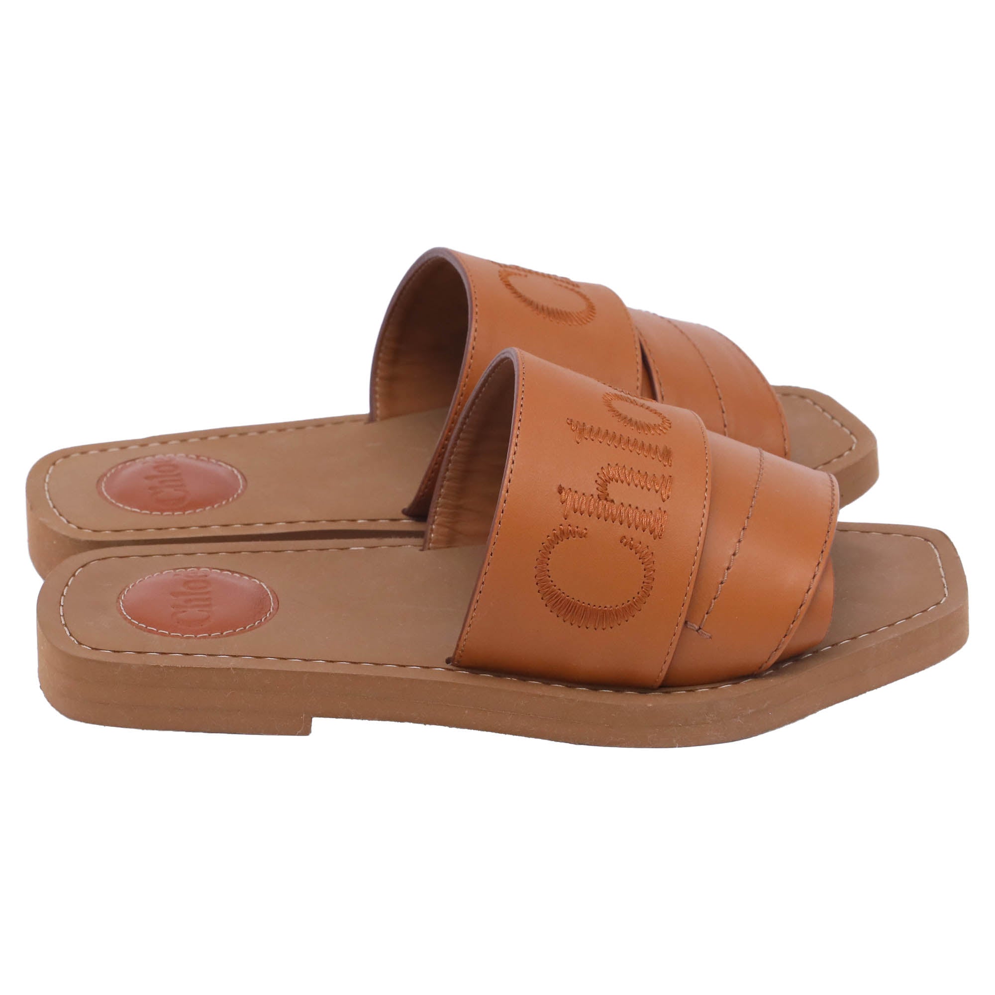 Chloé Woody Embroidered Logo Flat Sandals in Brown Leather