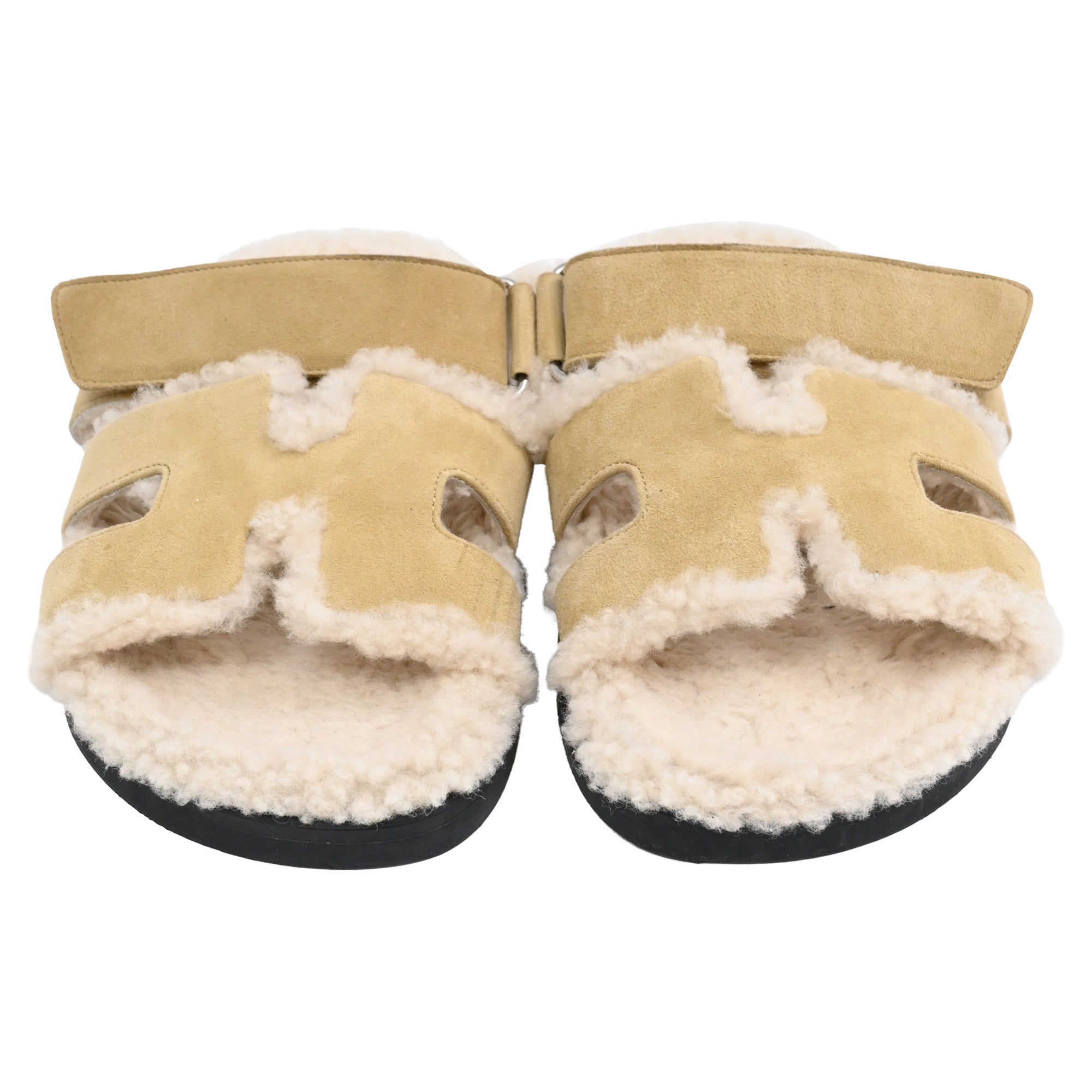 Hermès Chypre Shearling Sandals in Brown Suede
