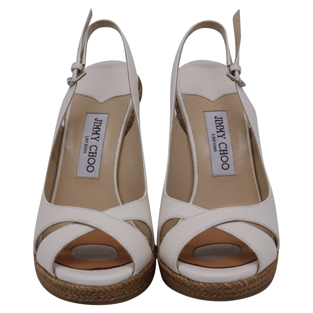 Jimmy Choo Cork Braided Amely Wedge Sandals in White Leather