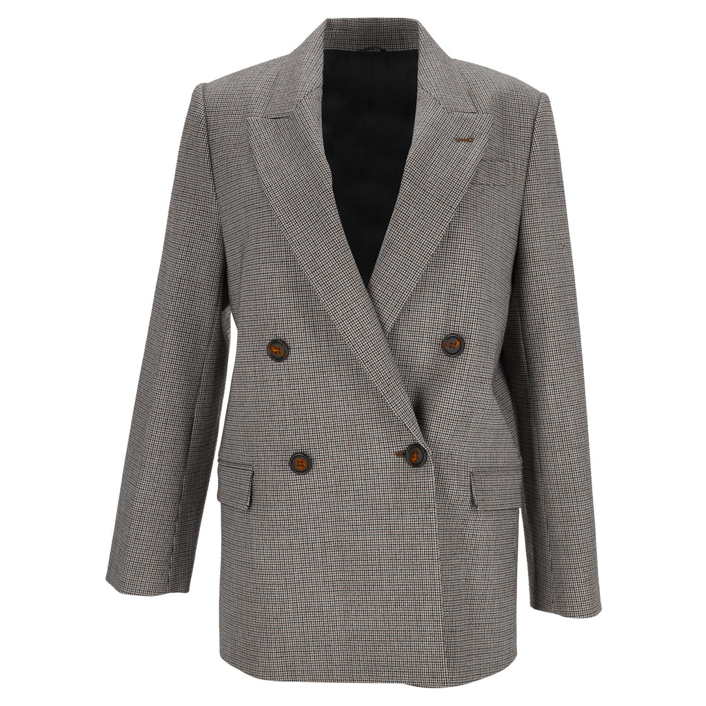 Brunello Cucinelli Houndstooth Double-Breasted Blazer in Brown Wool