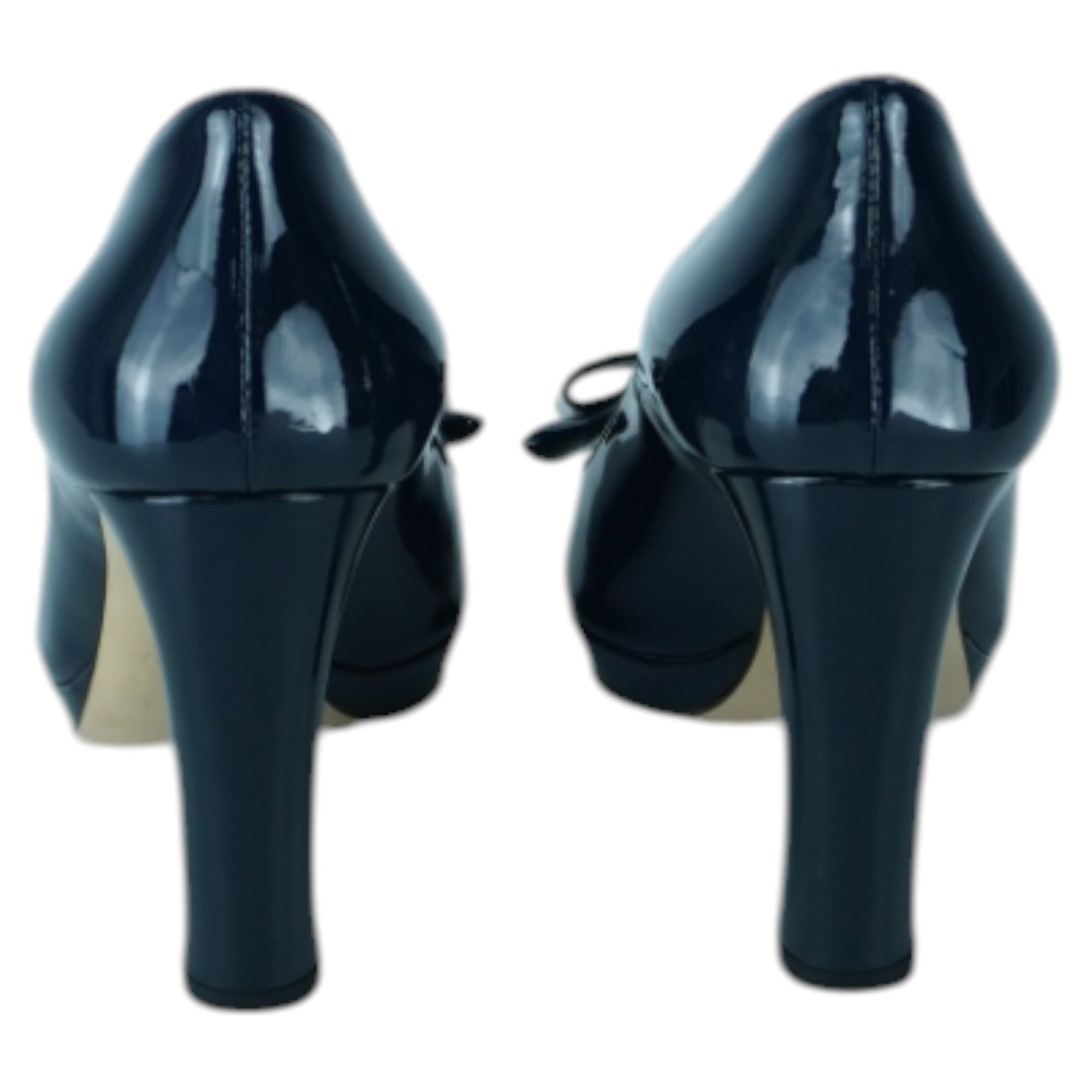 MIU MIU Navy Blue Patent Leather Peep Toe Pumps