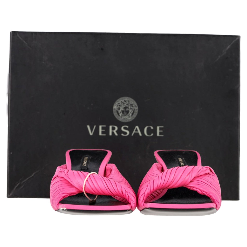 Versace Textured Twist Strap Sandals In Pink Leather