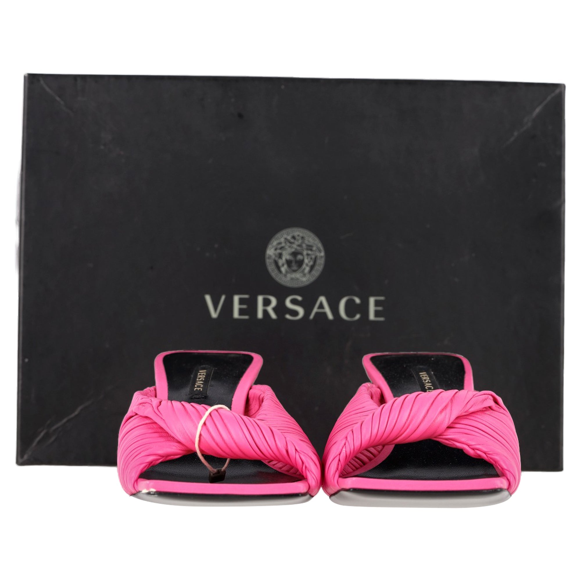 Versace Textured Twist Strap Sandals In Pink Leather