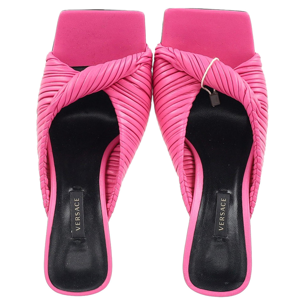 Versace Textured Twist Strap Sandals In Pink Leather
