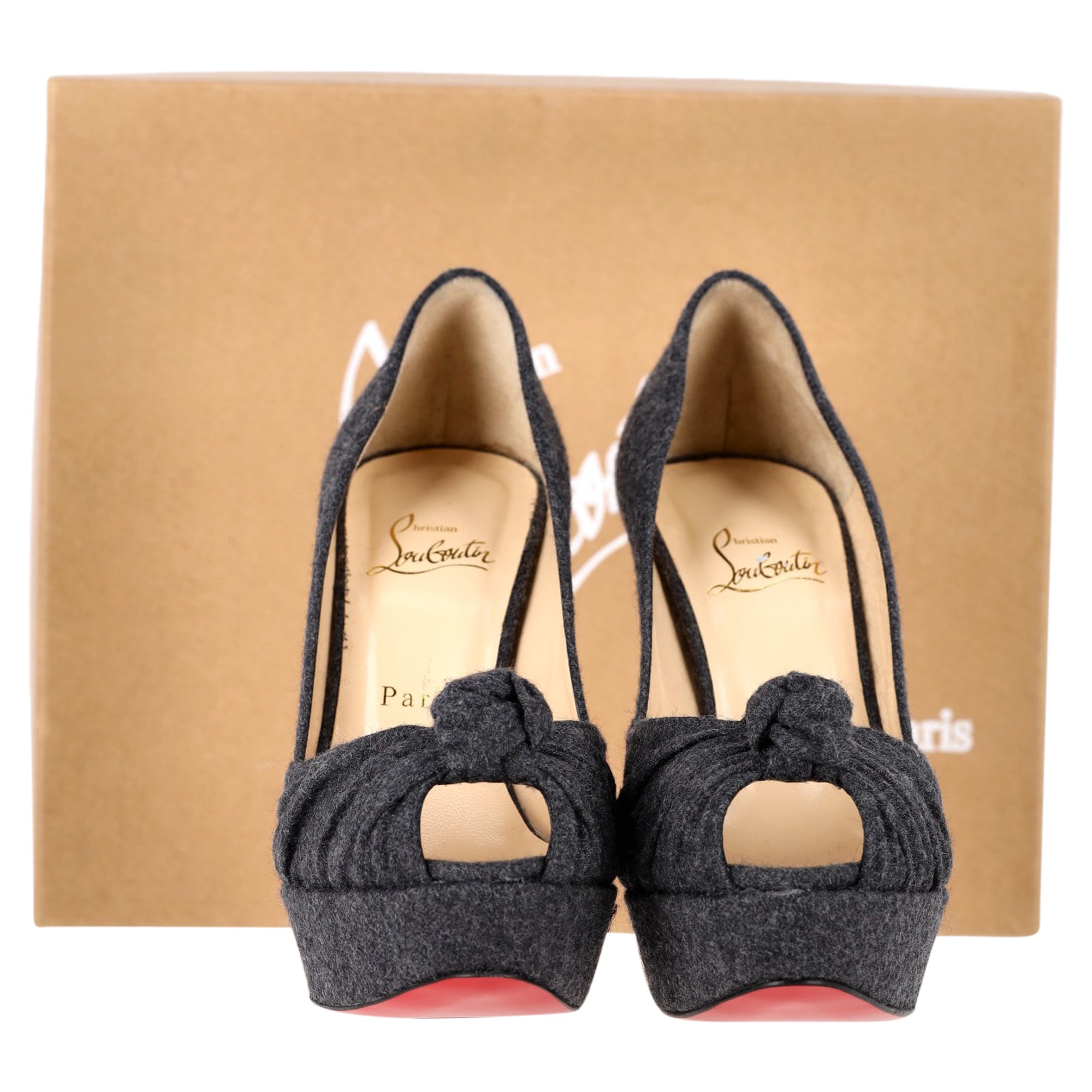 Women's Christian Louboutin Jenny Platform Knot Peep Toe Pumps in Grey Wool
