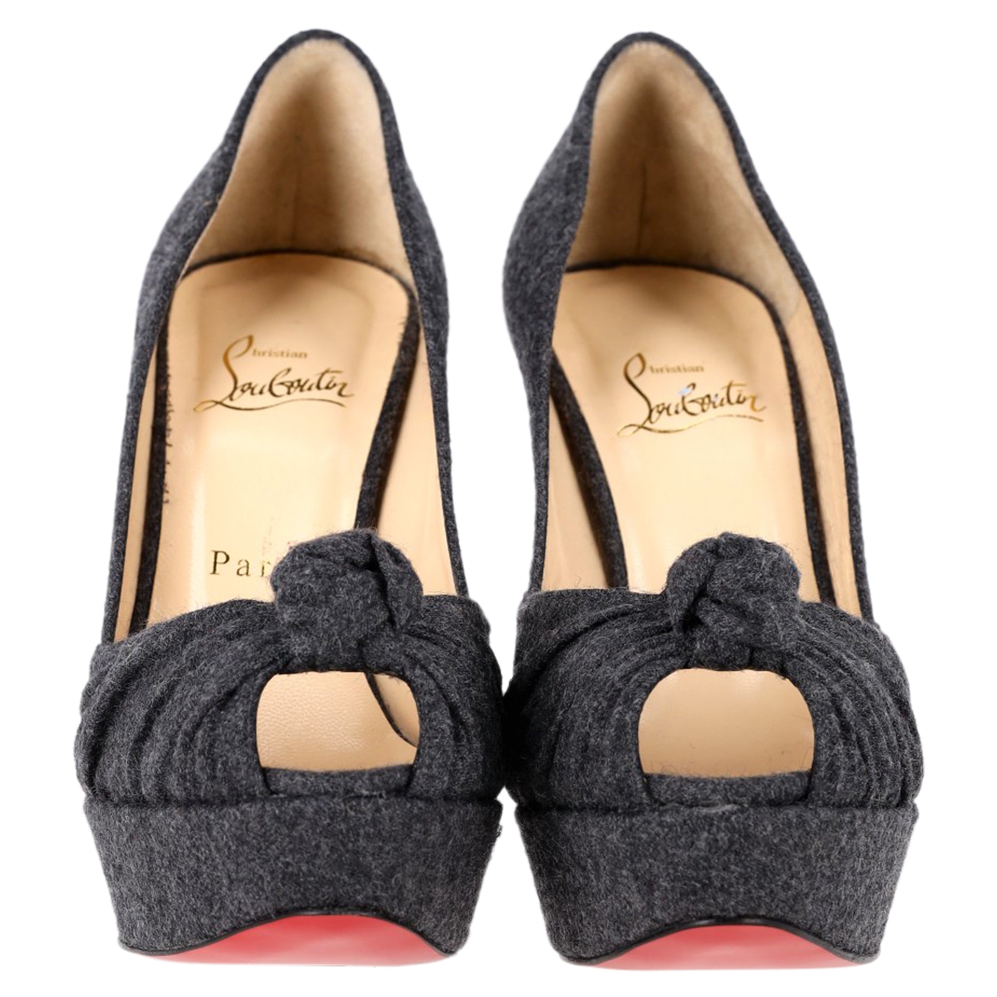 Women's Christian Louboutin Jenny Platform Knot Peep Toe Pumps in Grey Wool