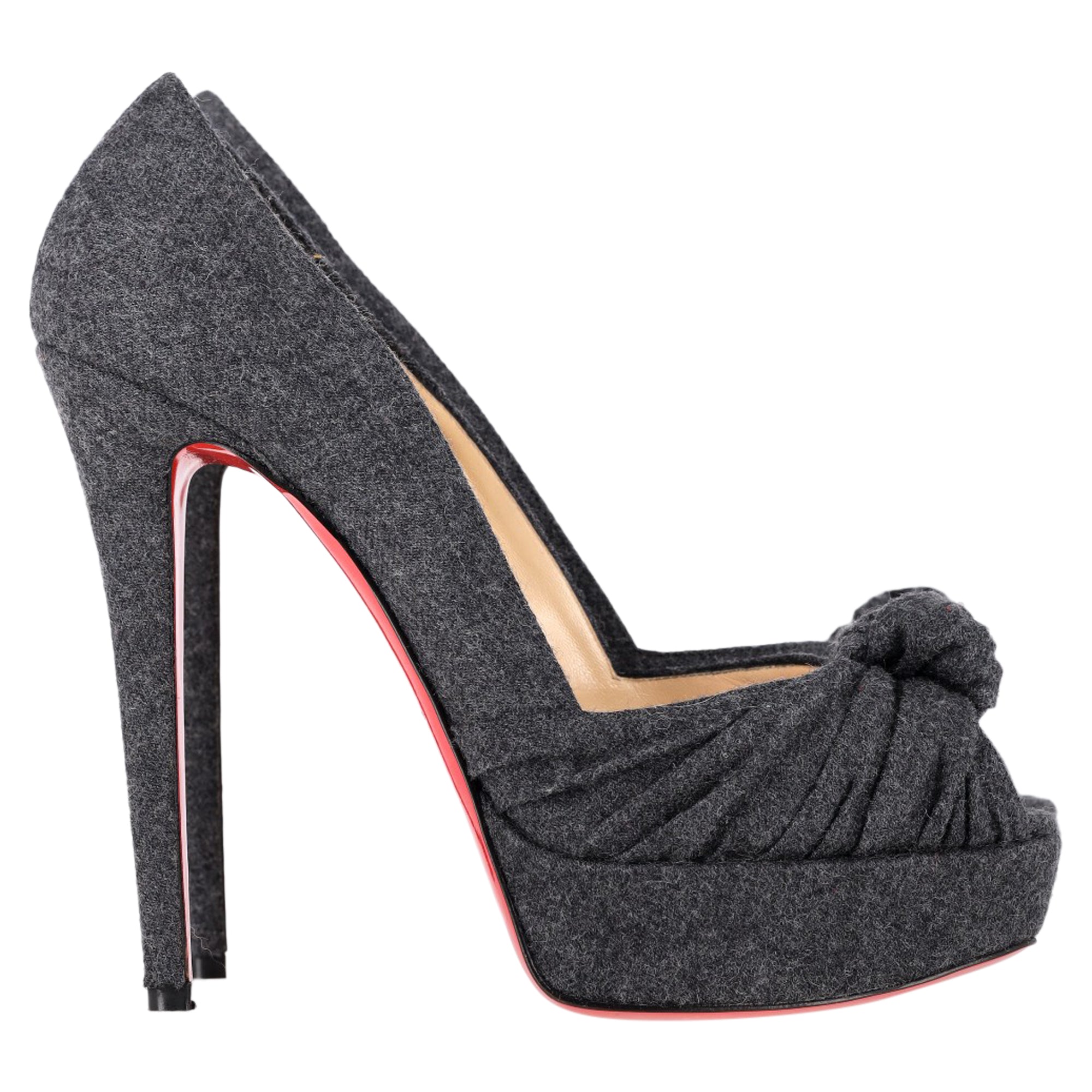 Women's Christian Louboutin Jenny Platform Knot Peep Toe Pumps in Grey Wool