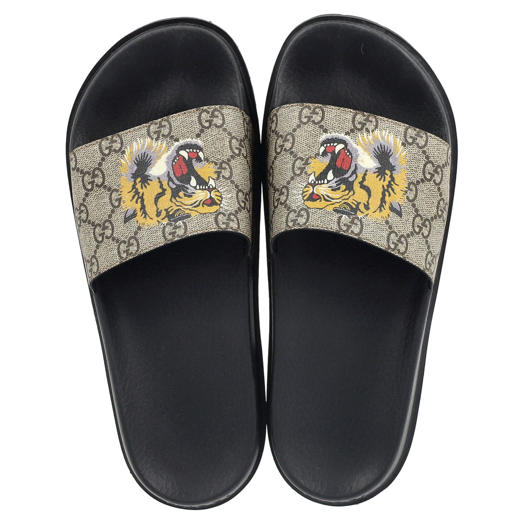Gucci GG Supreme Tiger Print Sandals in Beige Canvas