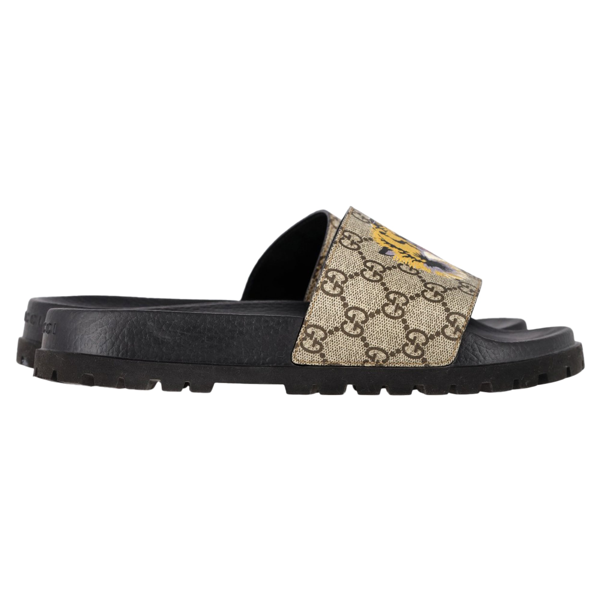 Gucci GG Supreme Tiger Print Sandals in Beige Canvas