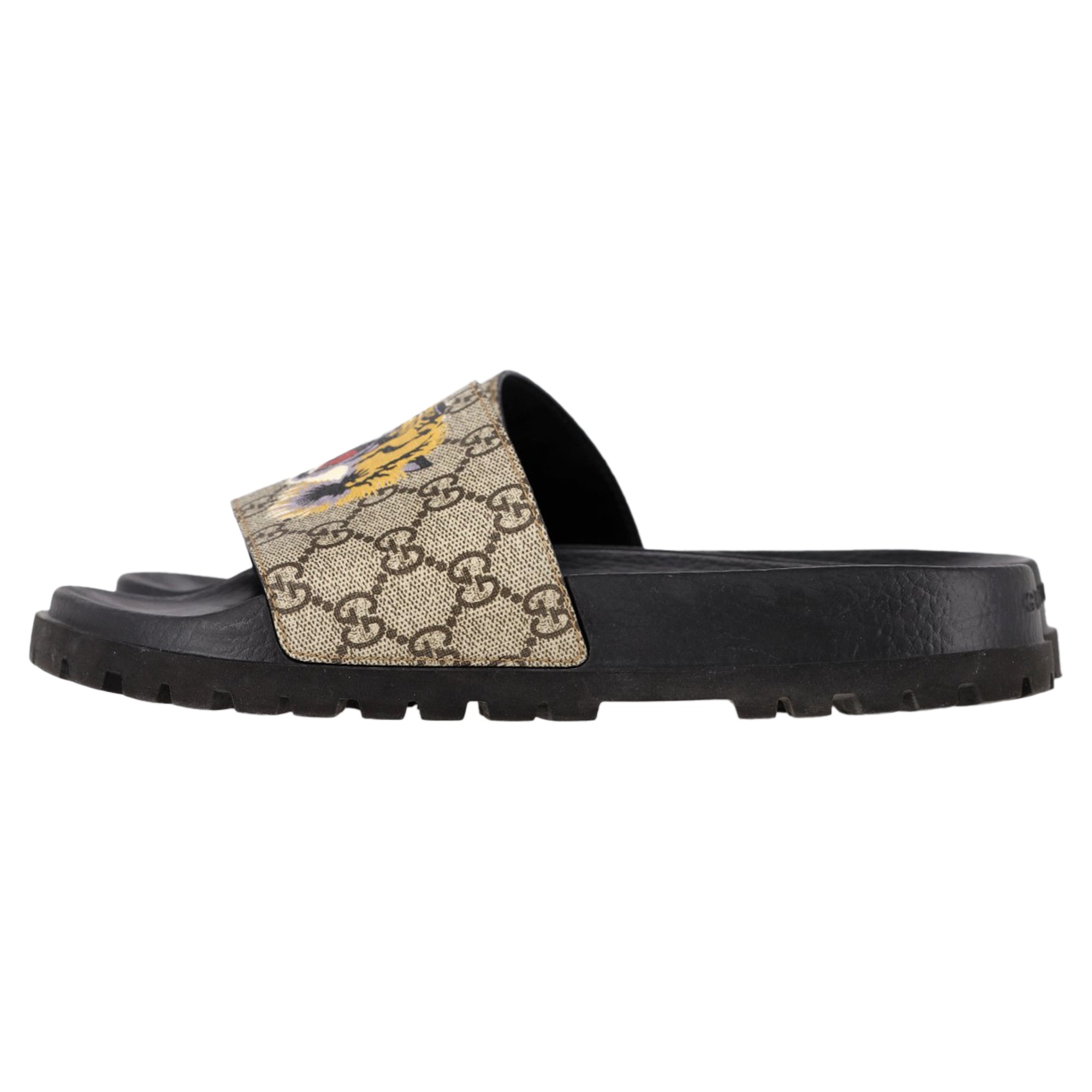Gucci GG Supreme Tiger Print Sandals in Beige Canvas
