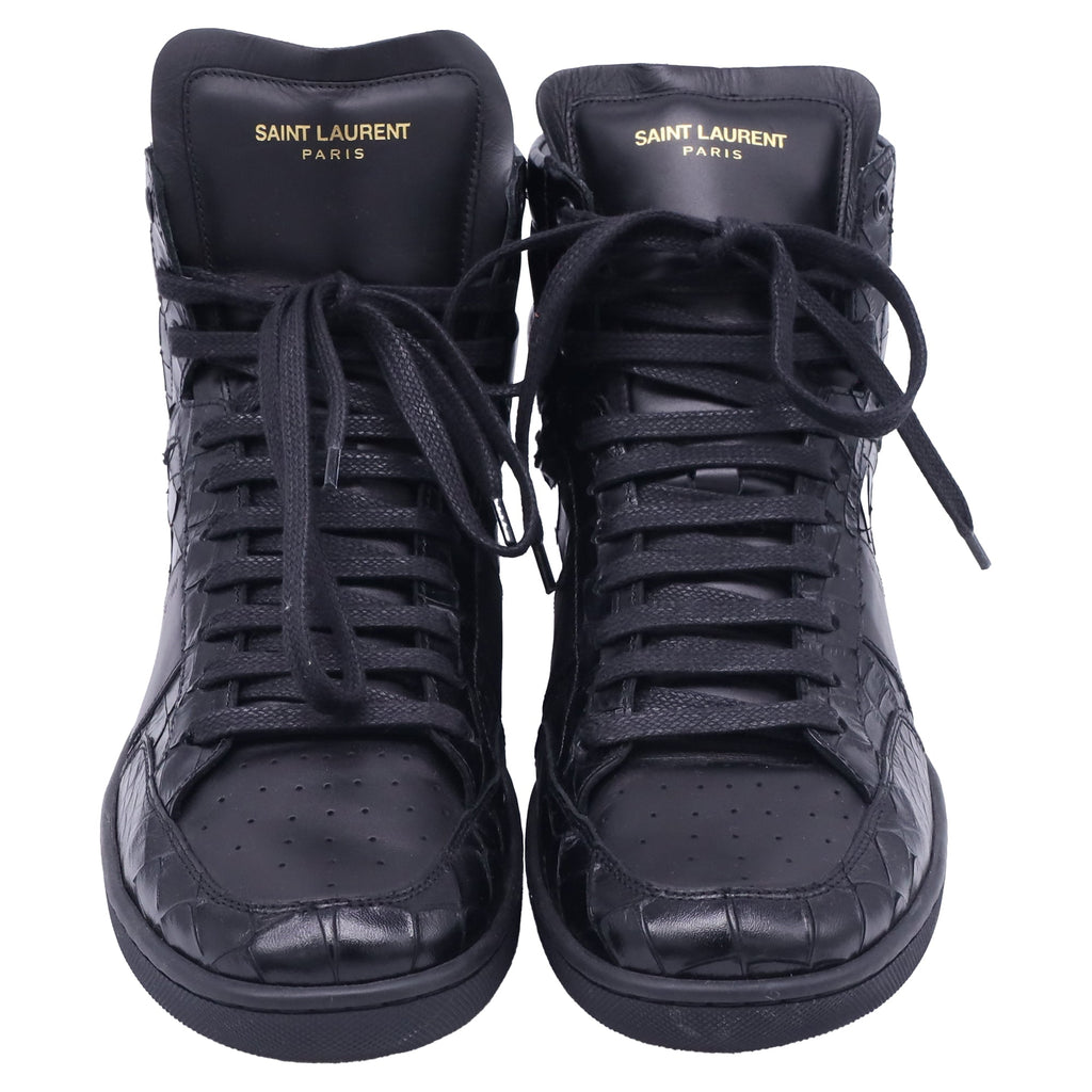 Saint Laurent SL/10H Croc-Embossed High-Top Sneakers in Black Leather