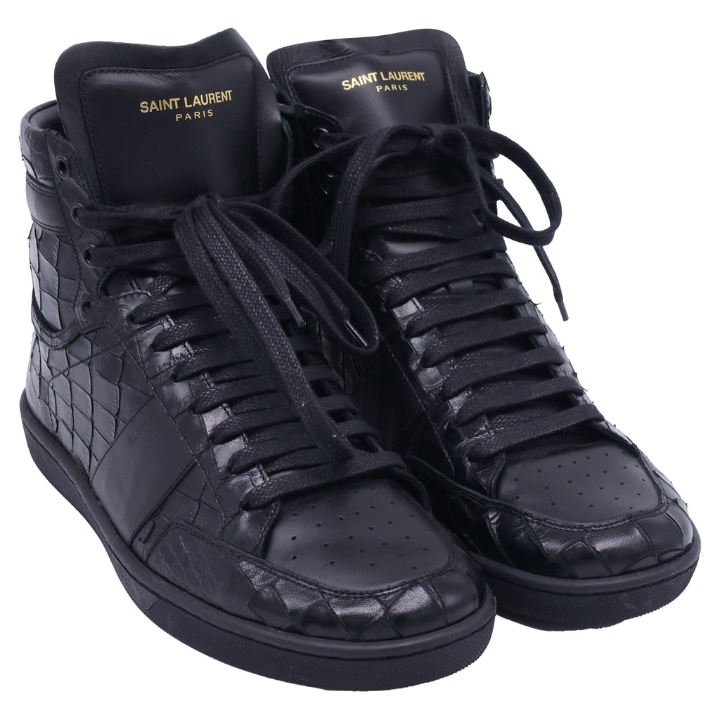 Saint Laurent SL/10H Croc-Embossed High-Top Sneakers in Black Leather