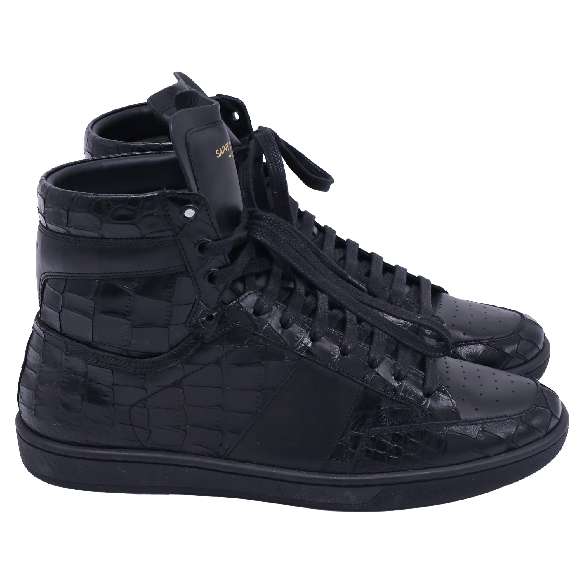 Saint Laurent SL/10H Croc-Embossed High-Top Sneakers in Black Leather