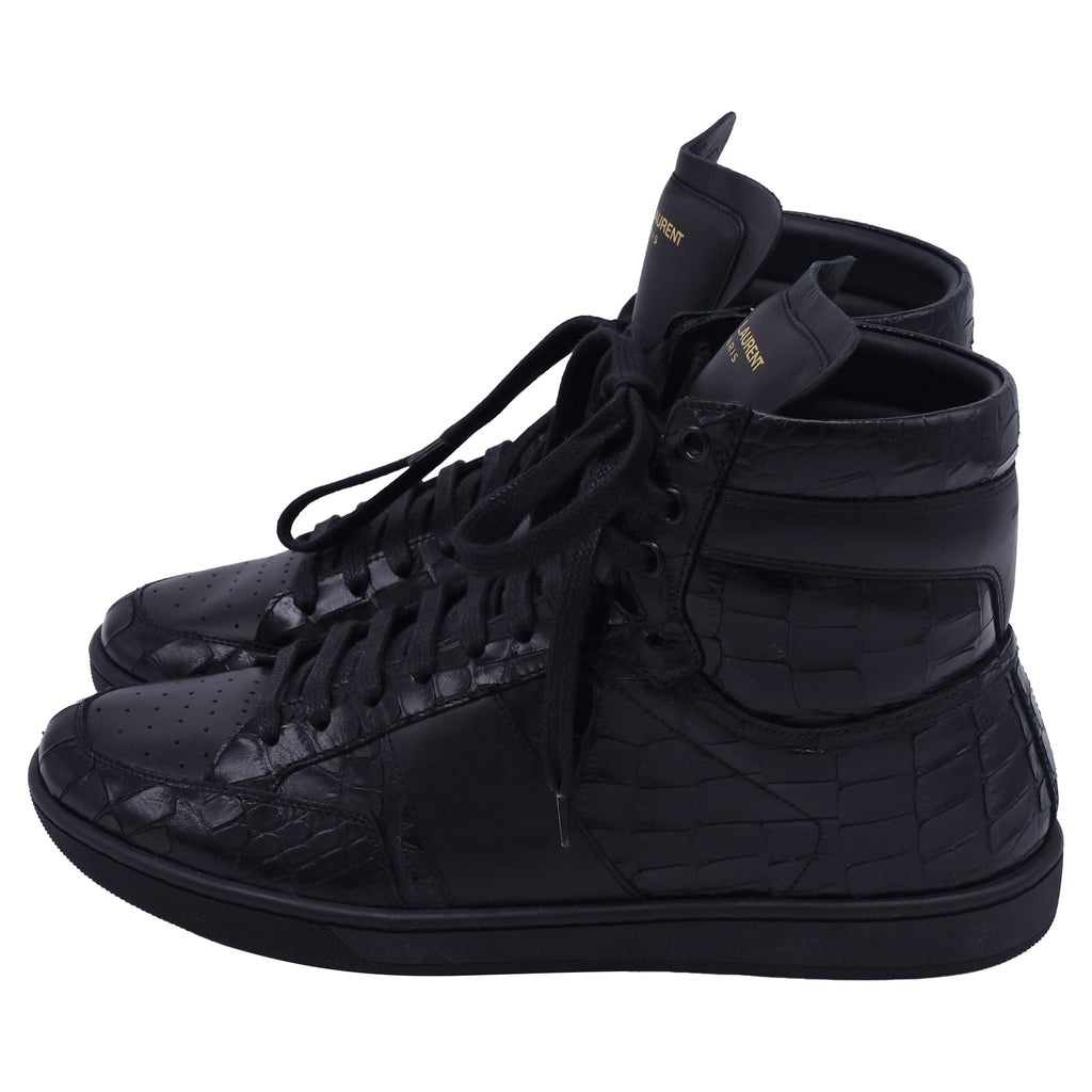 Saint Laurent SL/10H Croc-Embossed High-Top Sneakers in Black Leather