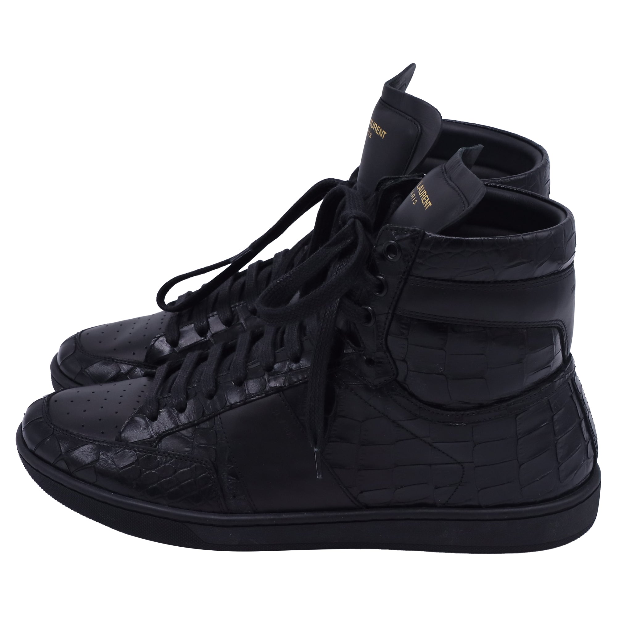 Saint Laurent SL/10H Croc-Embossed High-Top Sneakers in Black Leather