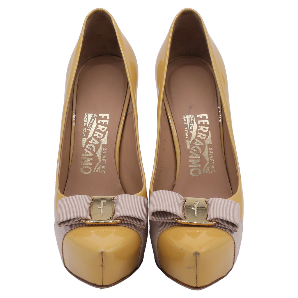 Salvatore Ferragamo Vara Bow Platform Pumps in Yellow Patent Leather