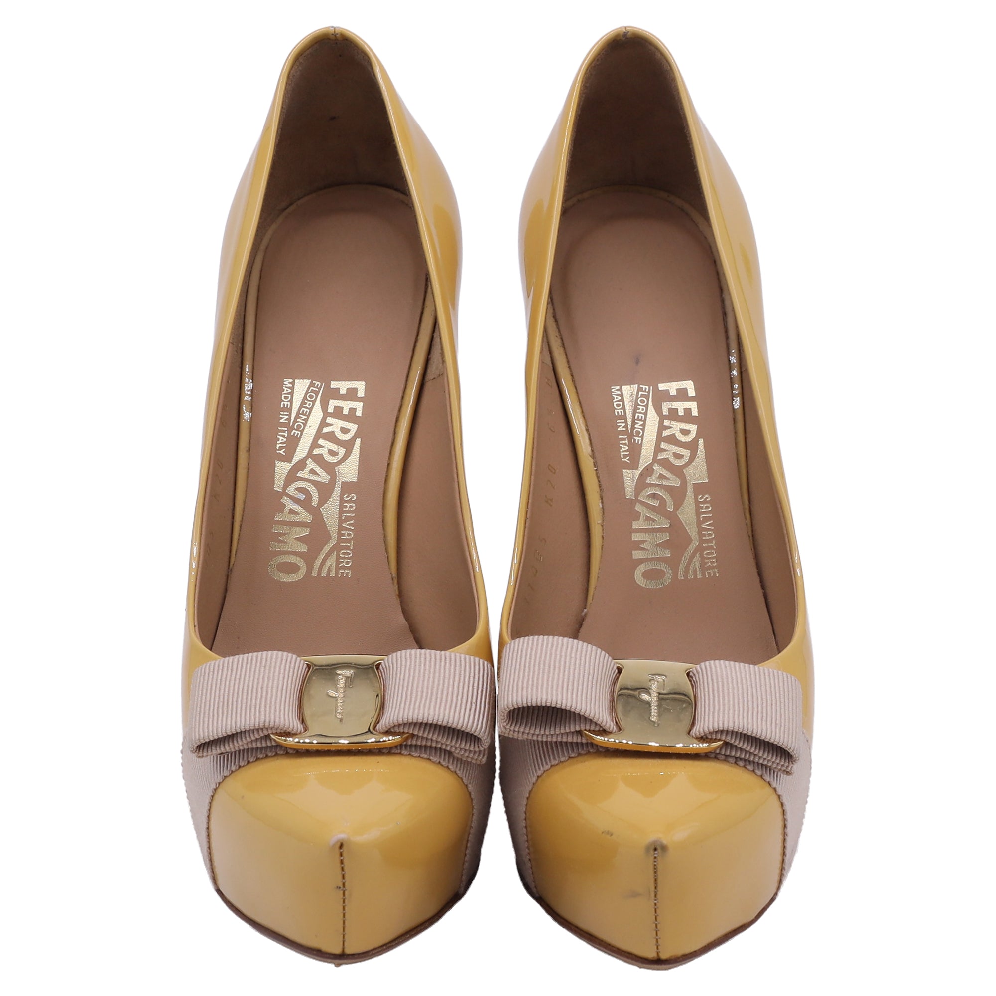 Salvatore Ferragamo Vara Bow Platform Pumps in Yellow Patent Leather