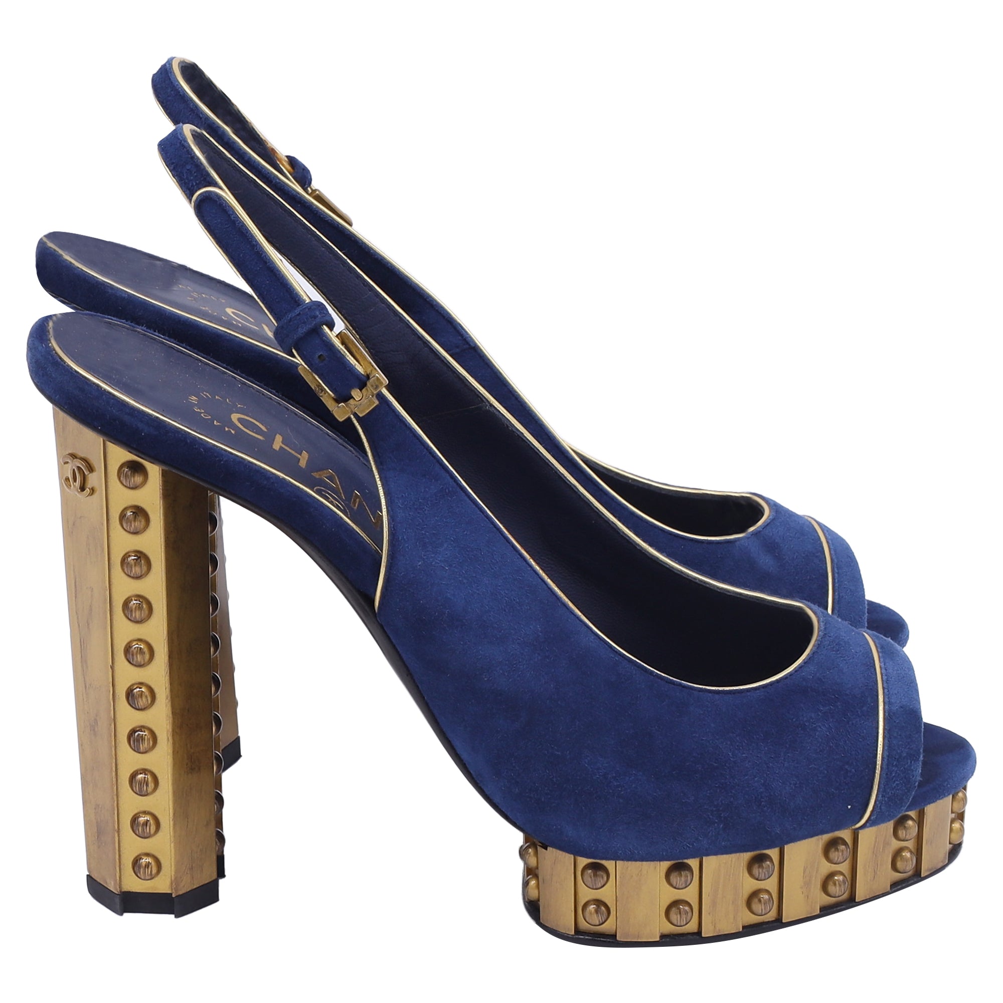 Women's Chanel CC Studded Peep-Toe Platform Pumps in Navy Blue Suede